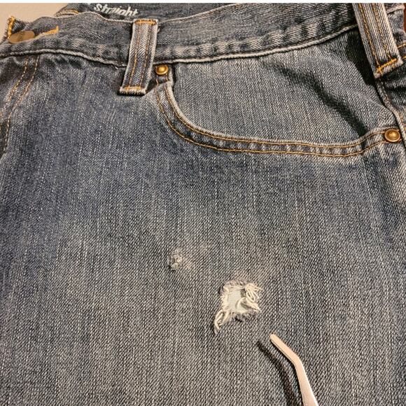 Carhartt Men Relaxed Straight Jeans 38x30 Blue Denim Distressed Workwear Utility - Picture 12 of 12